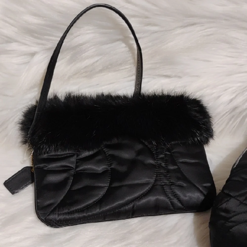 Coach Y2K Black Shoulder Bag W Rabbit Fur Trim & Matching Wallet/Wristlet Bundle